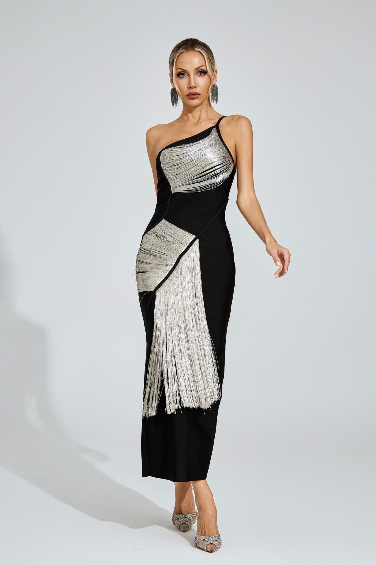 Noir Gümüş Saçaklı Tek Omuzlu Maxi Elbise