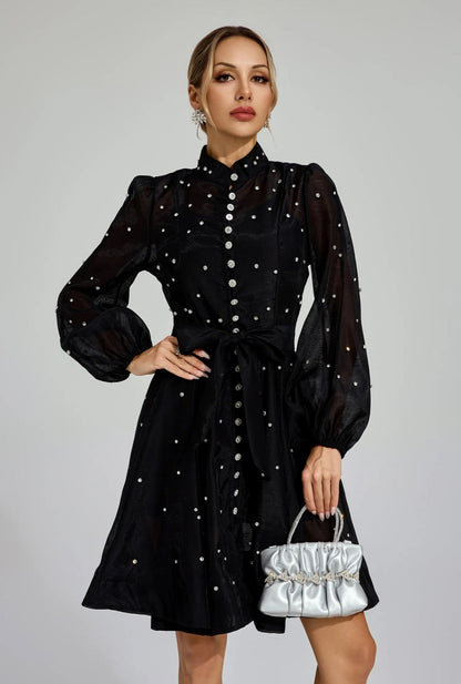 Amira Kristal Süslemeli Flare Mini Elbise