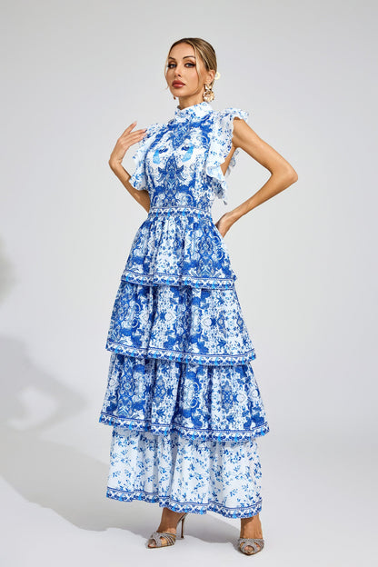 Serena Kraliyet Mavisi Katlı Maxi Elbise
