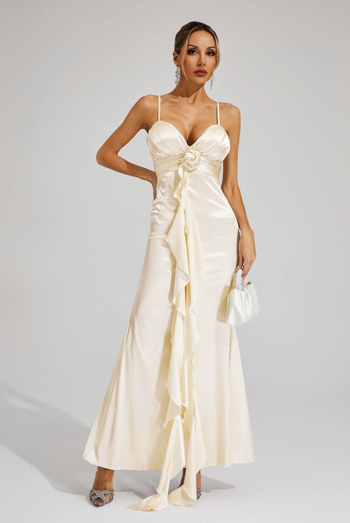 Rose Saten Drapeli Maxi Elbise