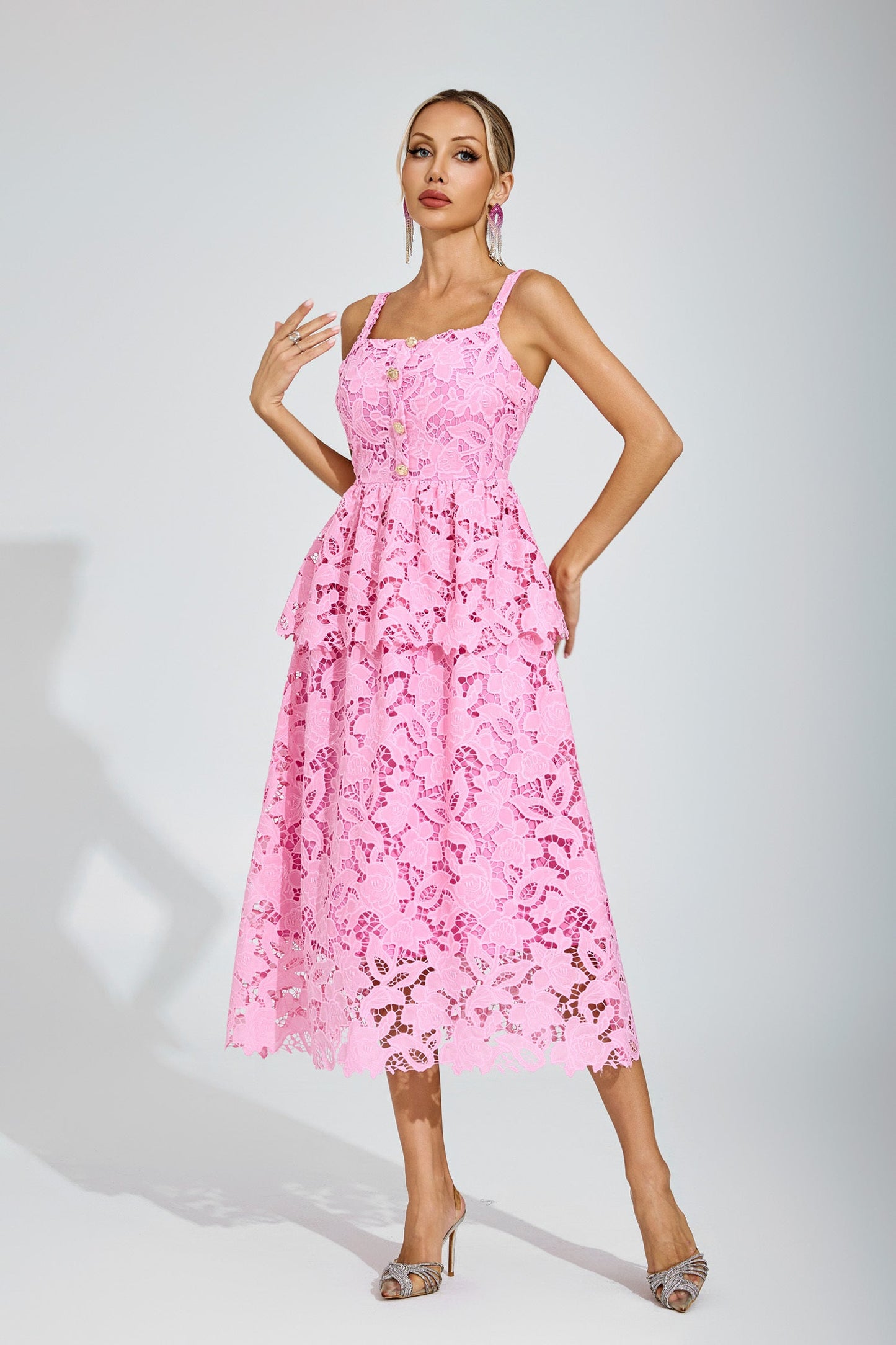 Amelie Pembe Dantel Peplum Midi Elbise