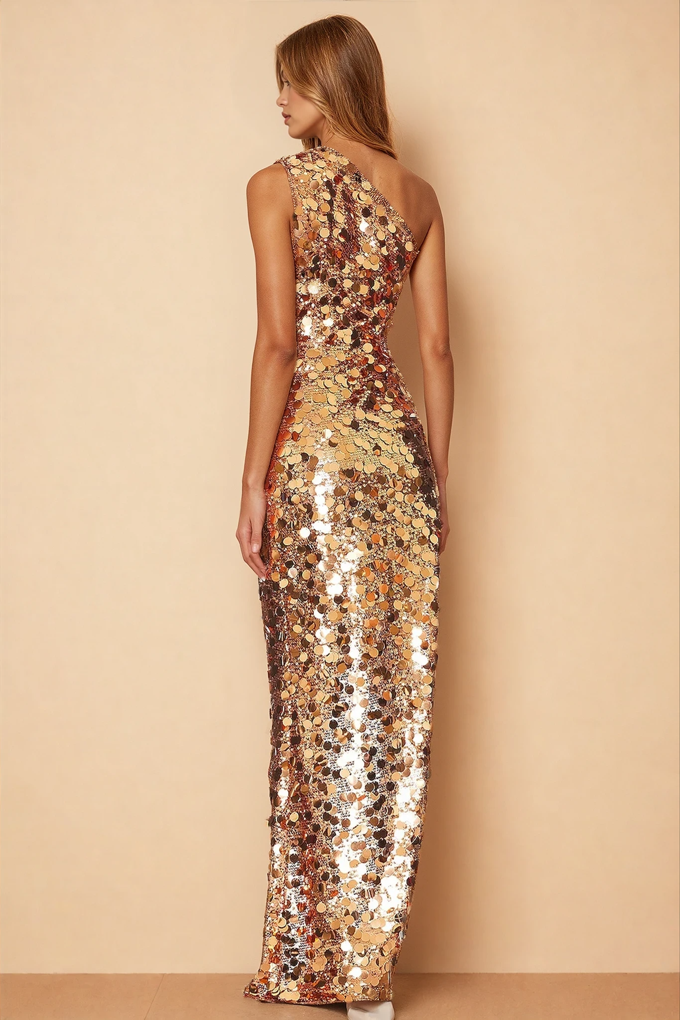 Zev Tek Omuz Asimetrik Payet Maxi Elbise