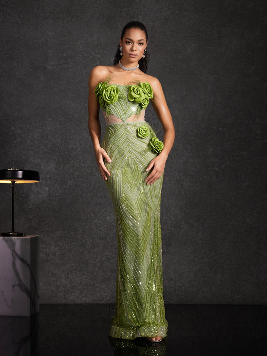 Bayram Straplez Çiçek Payetli Maxi Elbise