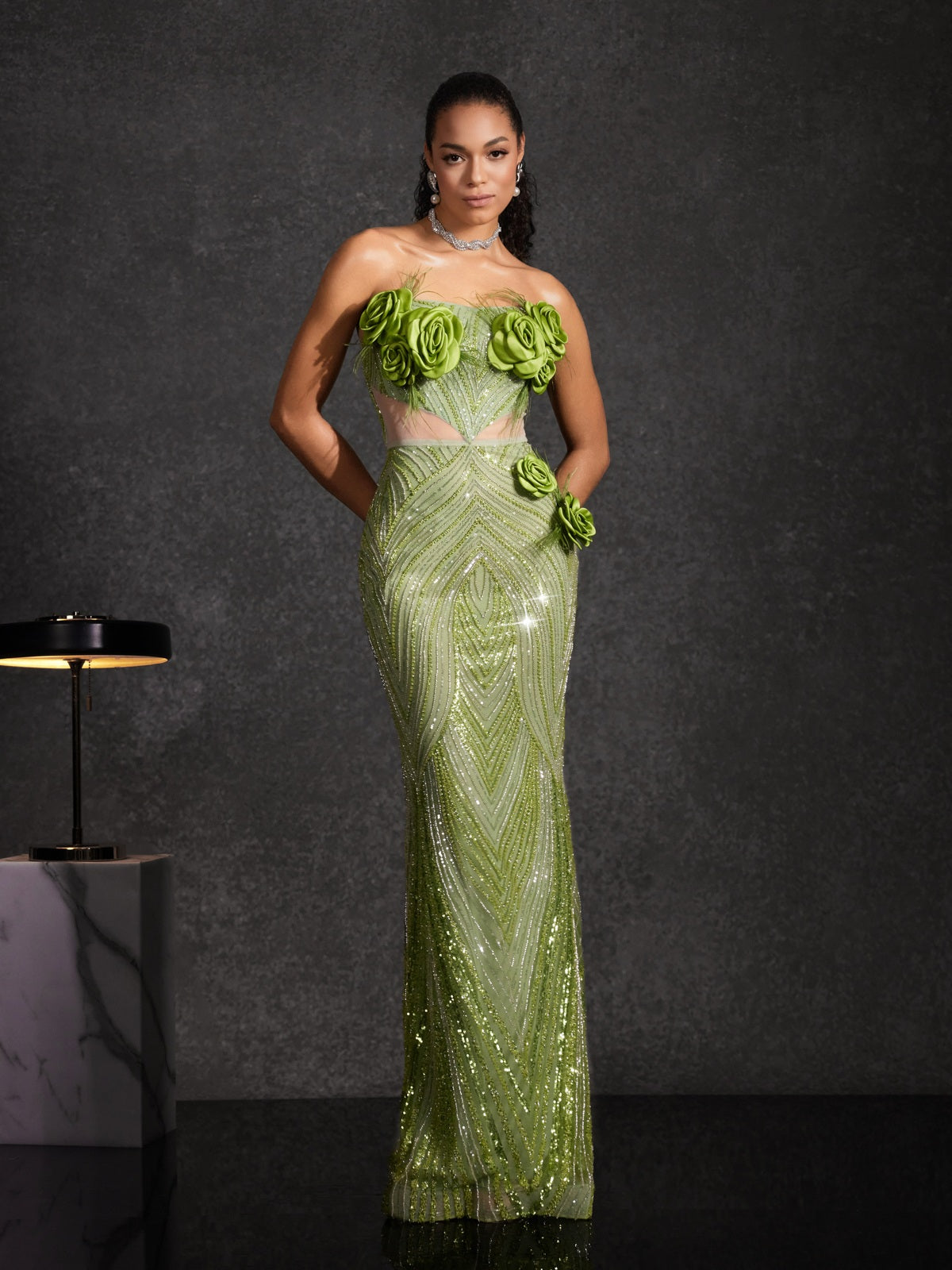 Bayram Straplez Çiçek Payetli Maxi Elbise