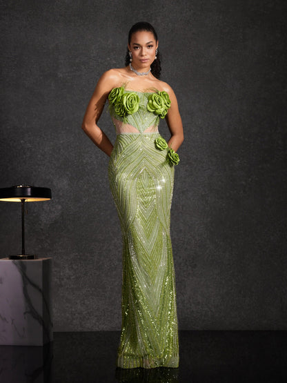 Bayram Straplez Çiçek Payetli Maxi Elbise