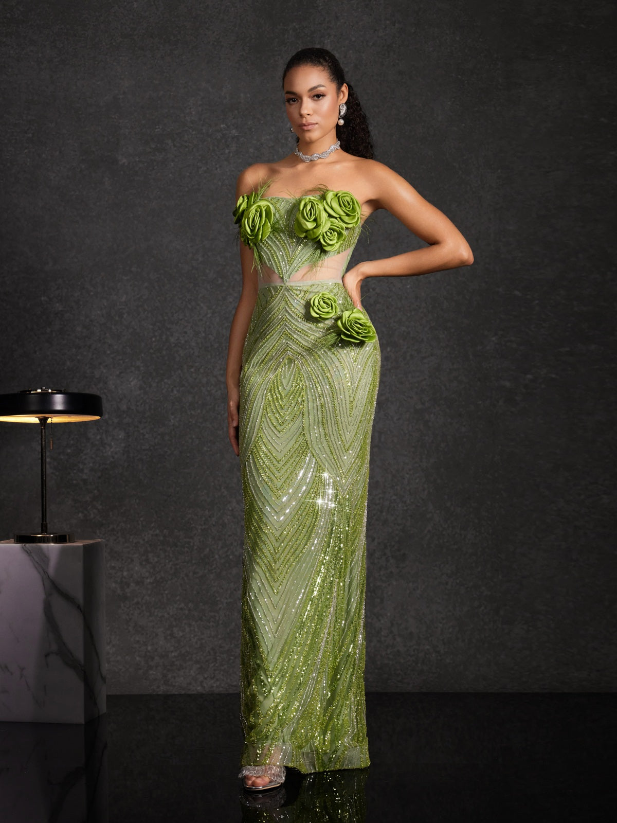 Bayram Straplez Çiçek Payetli Maxi Elbise