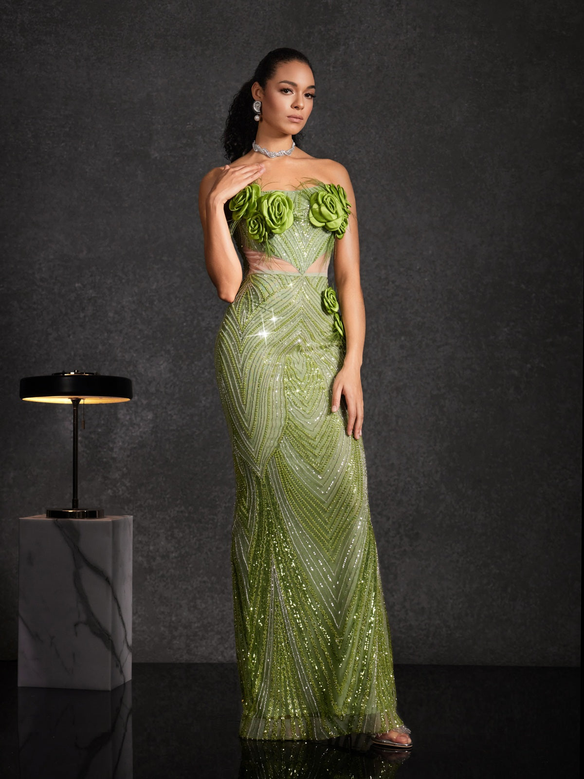 Bayram Straplez Çiçek Payetli Maxi Elbise