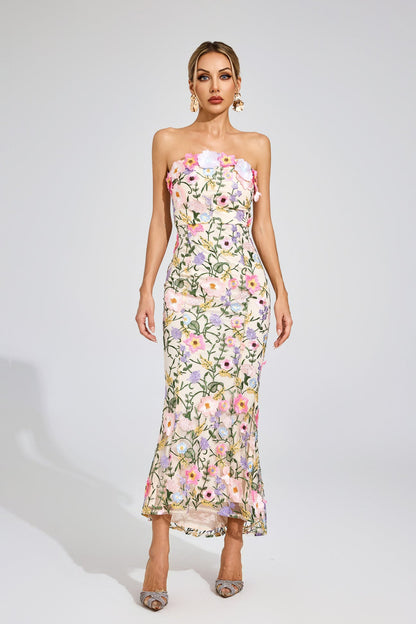 Gardenia Nakışlı Straplez Maxi Elbise