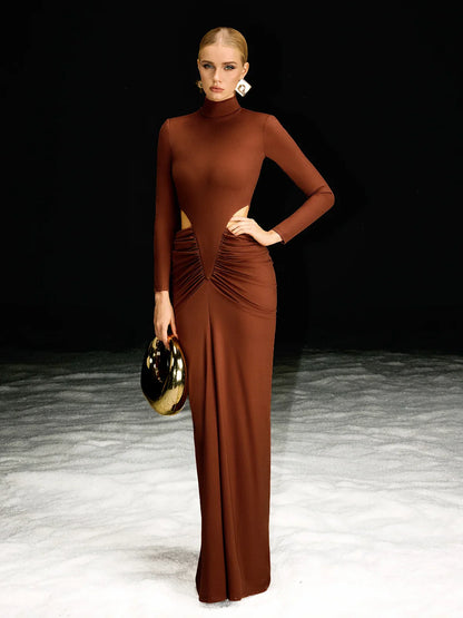 Çikolata Rengi Oyma Uzun Kollu Maxi Elbise