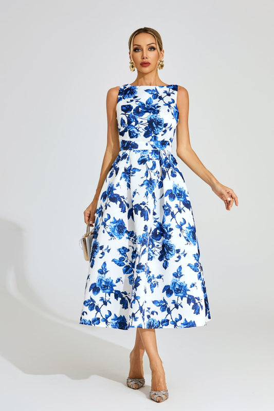 Azure Blossom A-Line Midi Elbise