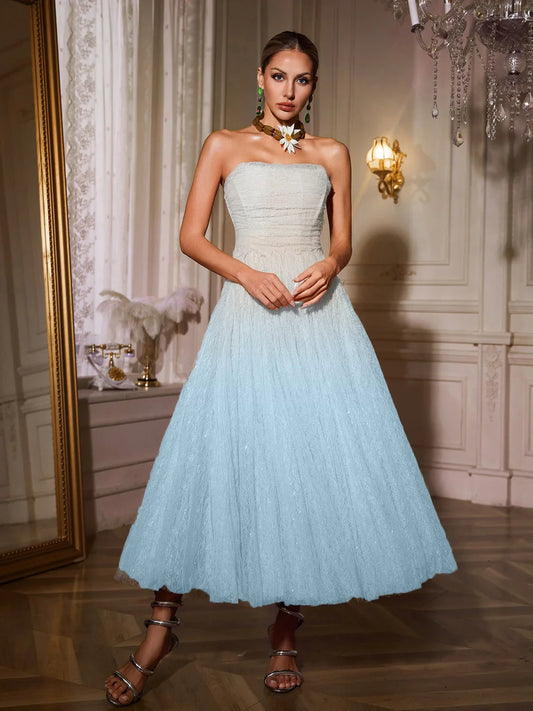 Parlak Gök Mavisi Maxi Tül Elbise