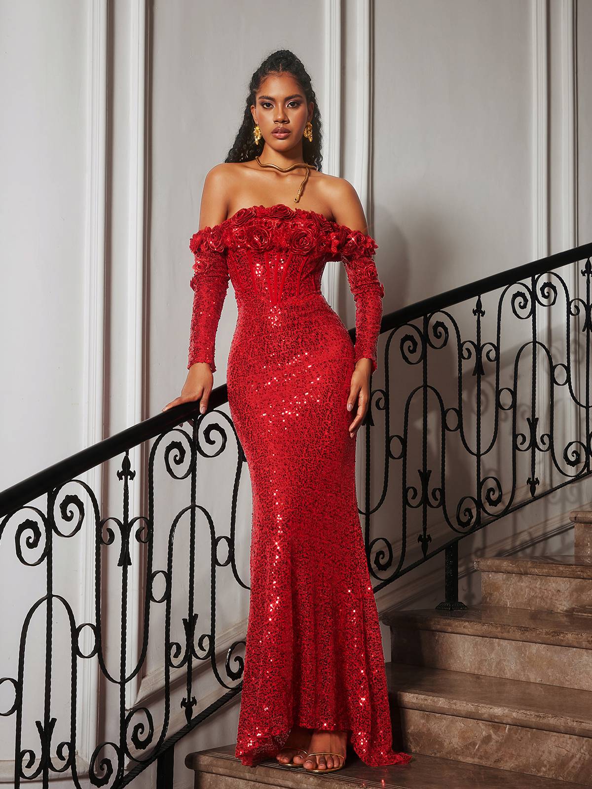 Catherynne Omuzsuz Çiçek Payetli Maxi Elbise