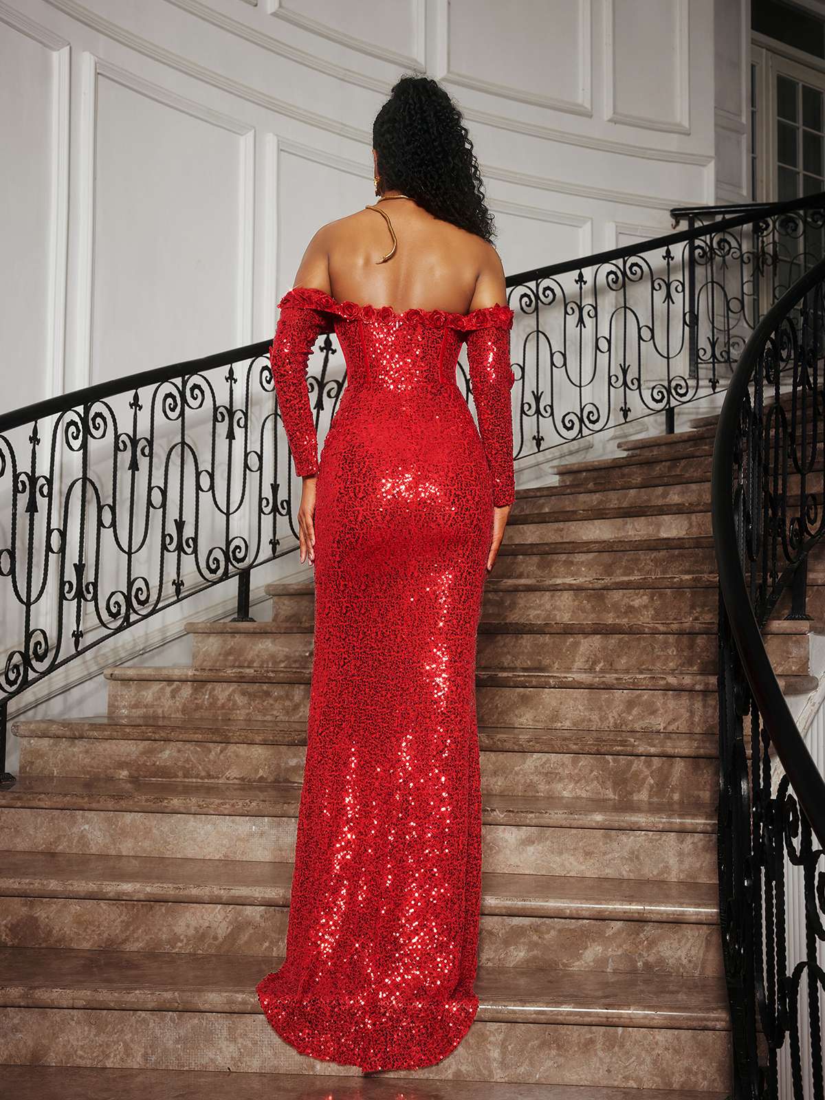 Catherynne Omuzsuz Çiçek Payetli Maxi Elbise