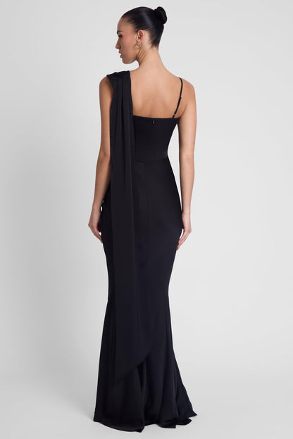 Celine Drapeli Saten Maxi Elbise - Siyah