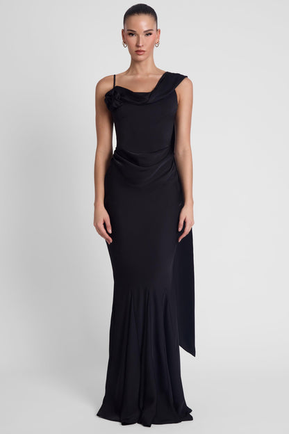 Celine Drapeli Saten Maxi Elbise - Siyah