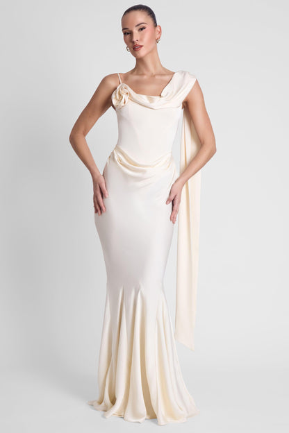 Celine Drapeli Saten Maxi Elbise