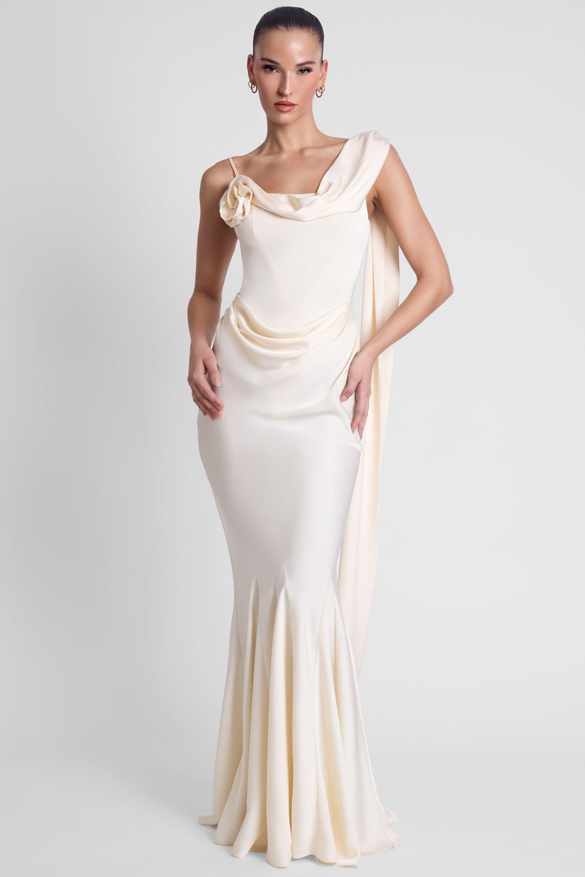 Celine Drapeli Saten Maxi Elbise