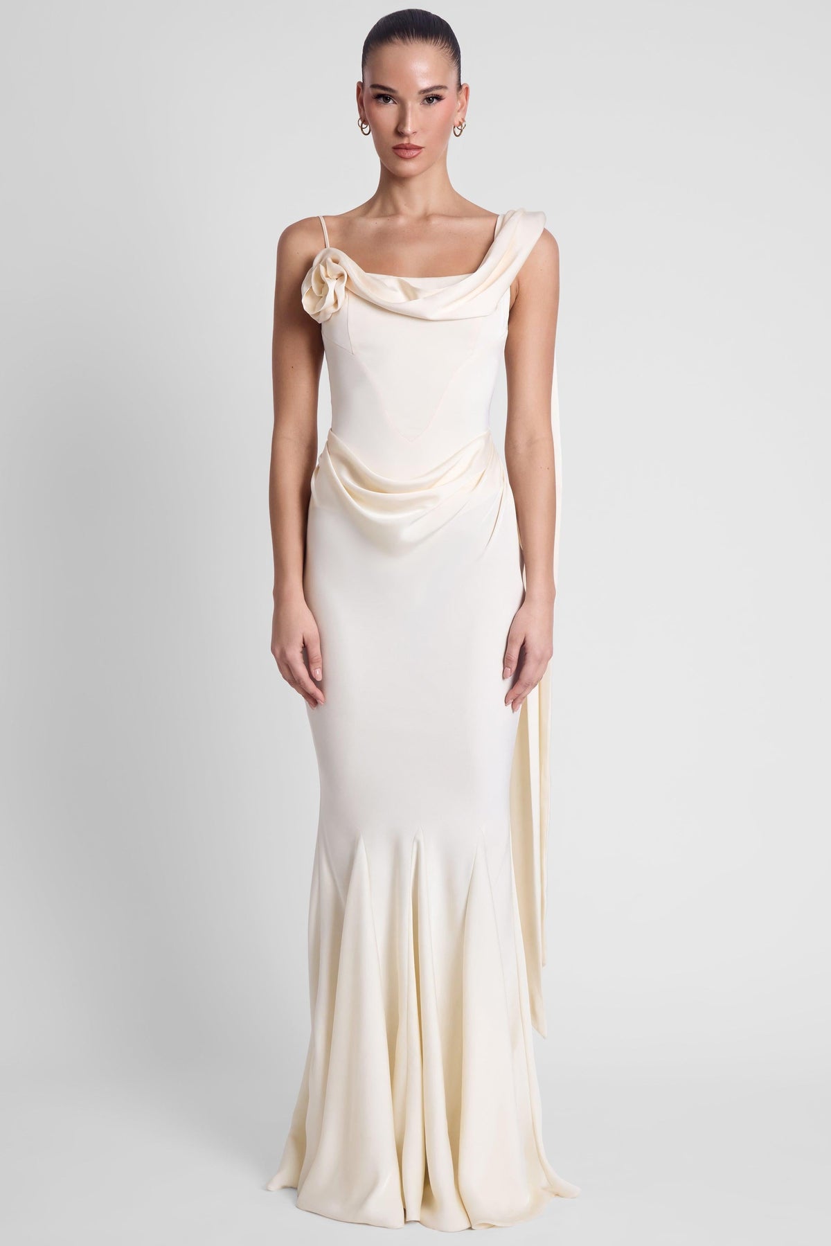 Celine Drapeli Saten Maxi Elbise