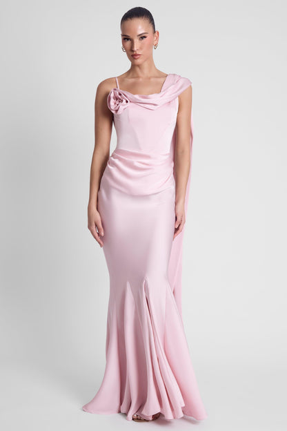 Celine Drapeli Saten Maxi Elbise - Pembe