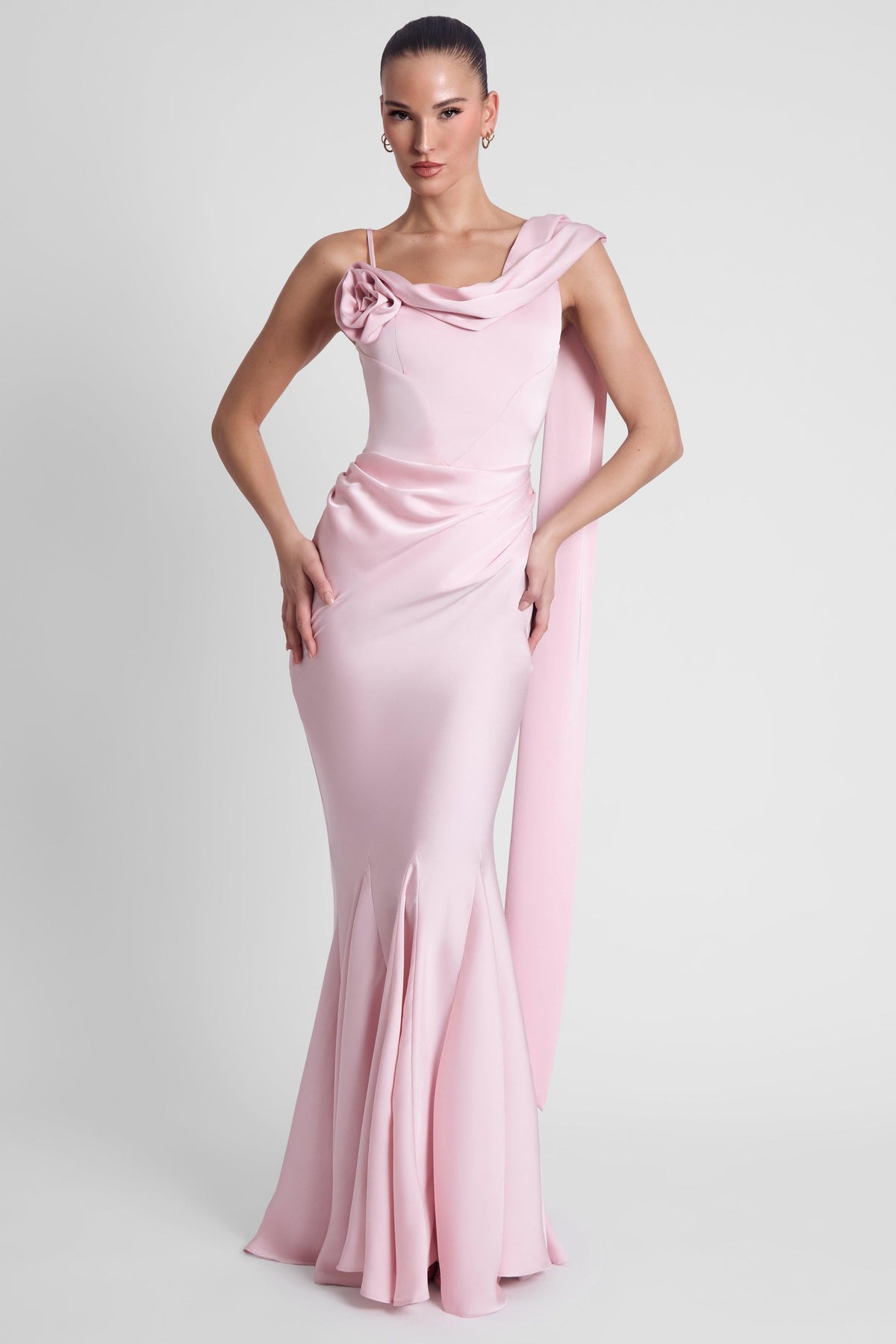 Celine Drapeli Saten Maxi Elbise - Pembe