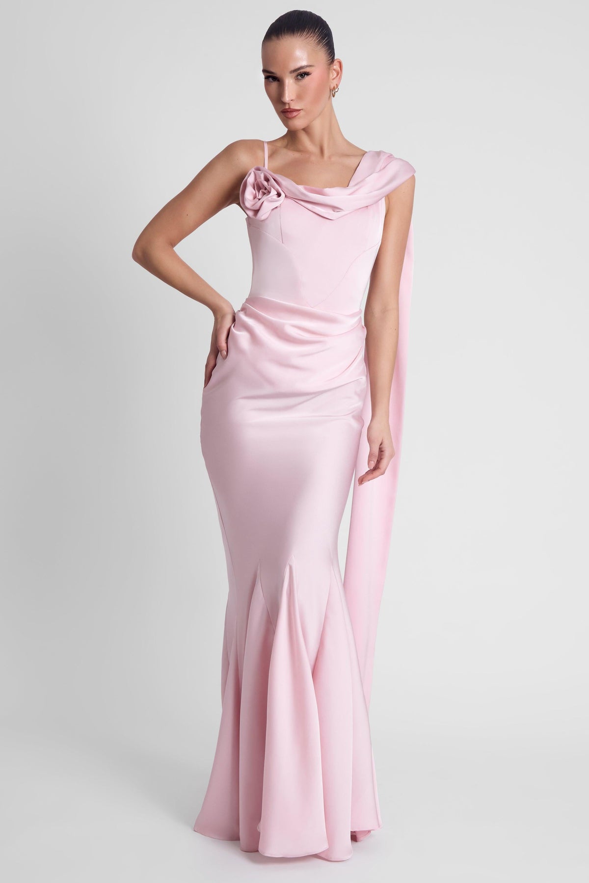 Celine Drapeli Saten Maxi Elbise - Pembe