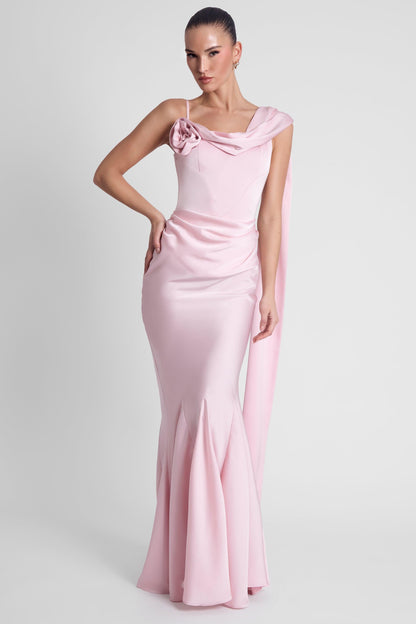 Celine Drapeli Saten Maxi Elbise - Pembe