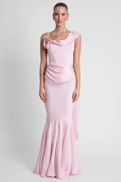 Celine Drapeli Saten Maxi Elbise - Pembe