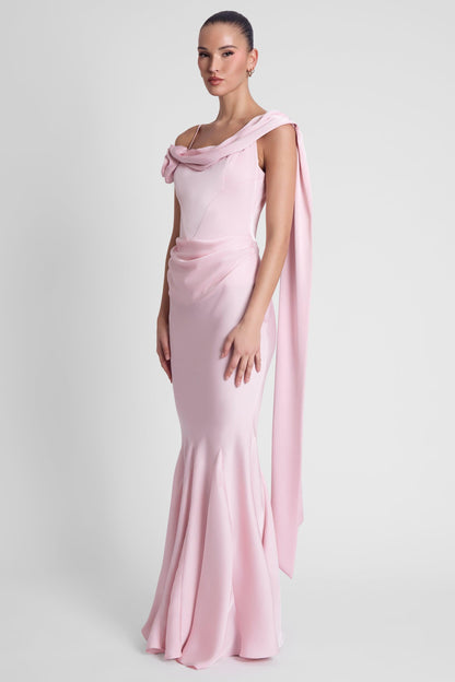 Celine Drapeli Saten Maxi Elbise - Pembe