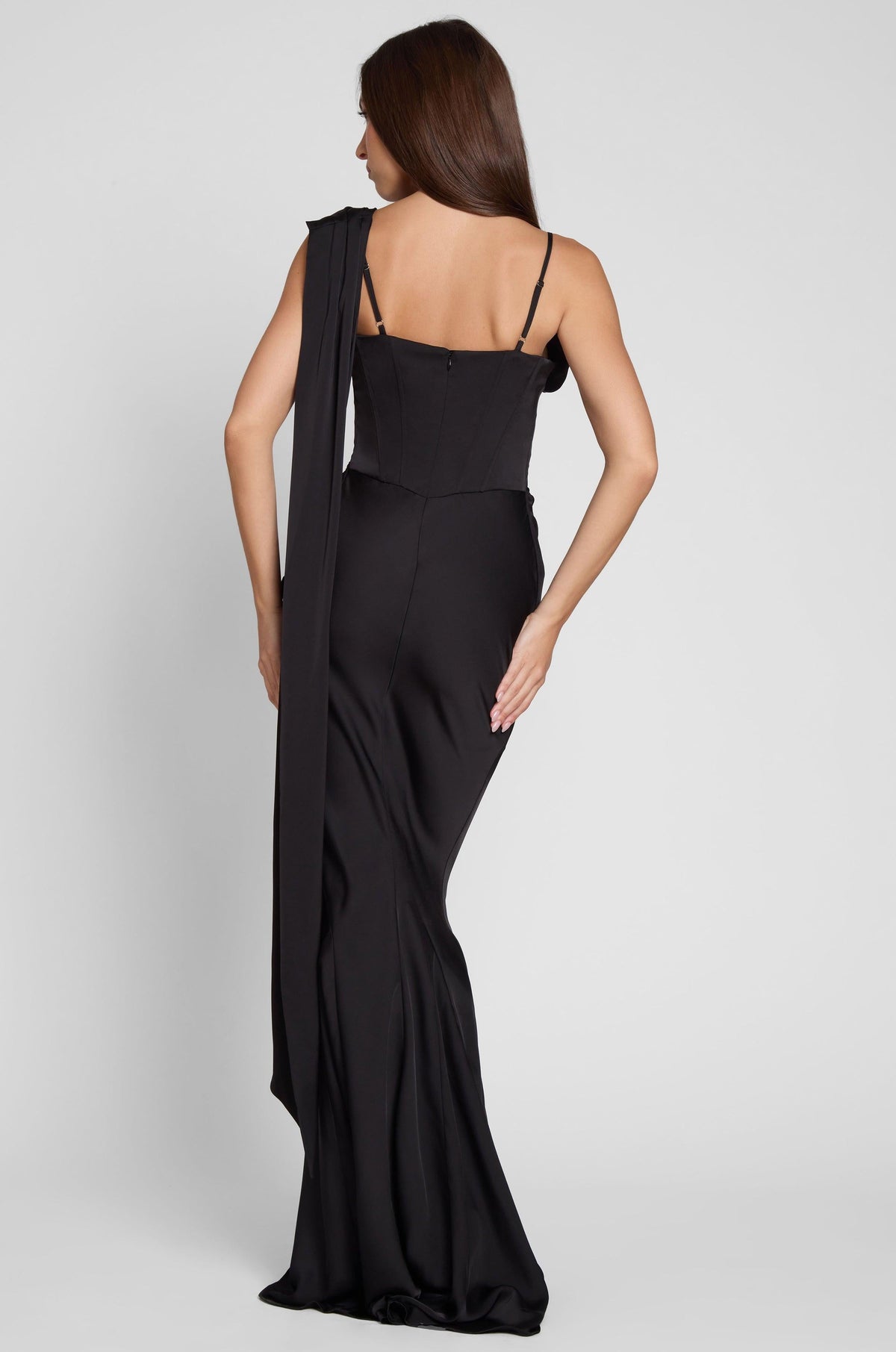 Celine Drapeli Saten Maxi Elbise - Siyah
