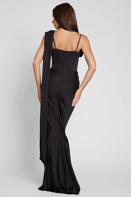Celine Drapeli Saten Maxi Elbise - Siyah