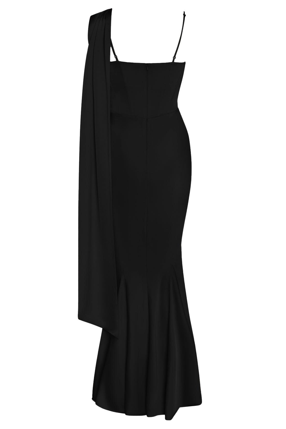 Celine Drapeli Saten Maxi Elbise - Siyah
