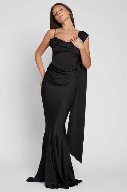 Celine Drapeli Saten Maxi Elbise - Siyah