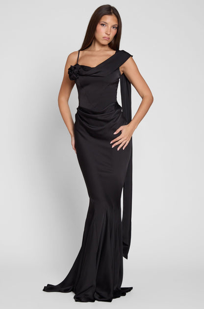 Celine Drapeli Saten Maxi Elbise - Siyah