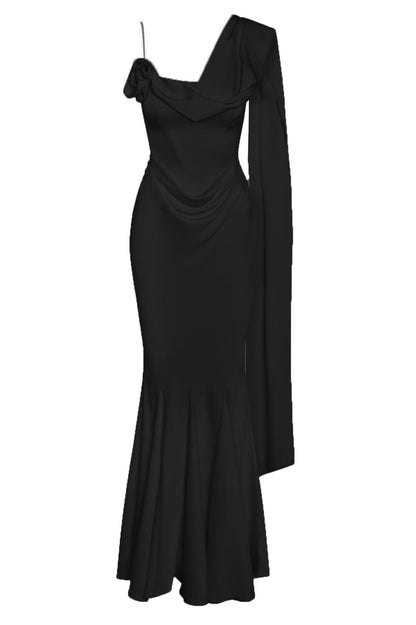 Celine Drapeli Saten Maxi Elbise - Siyah