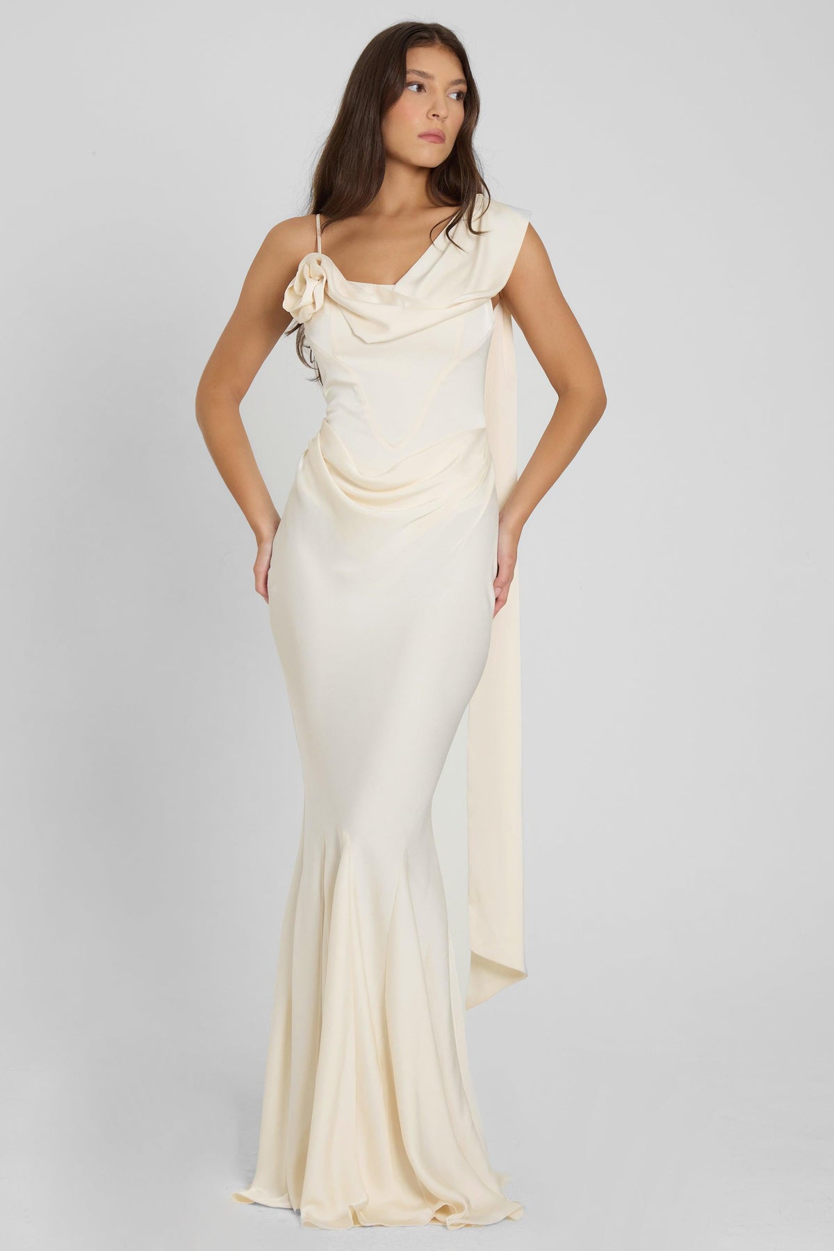 Celine Drapeli Saten Maxi Elbise