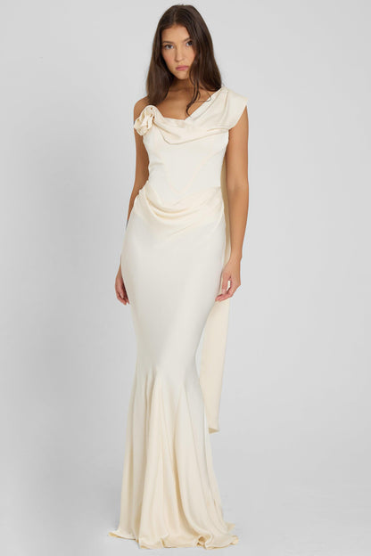 Celine Drapeli Saten Maxi Elbise