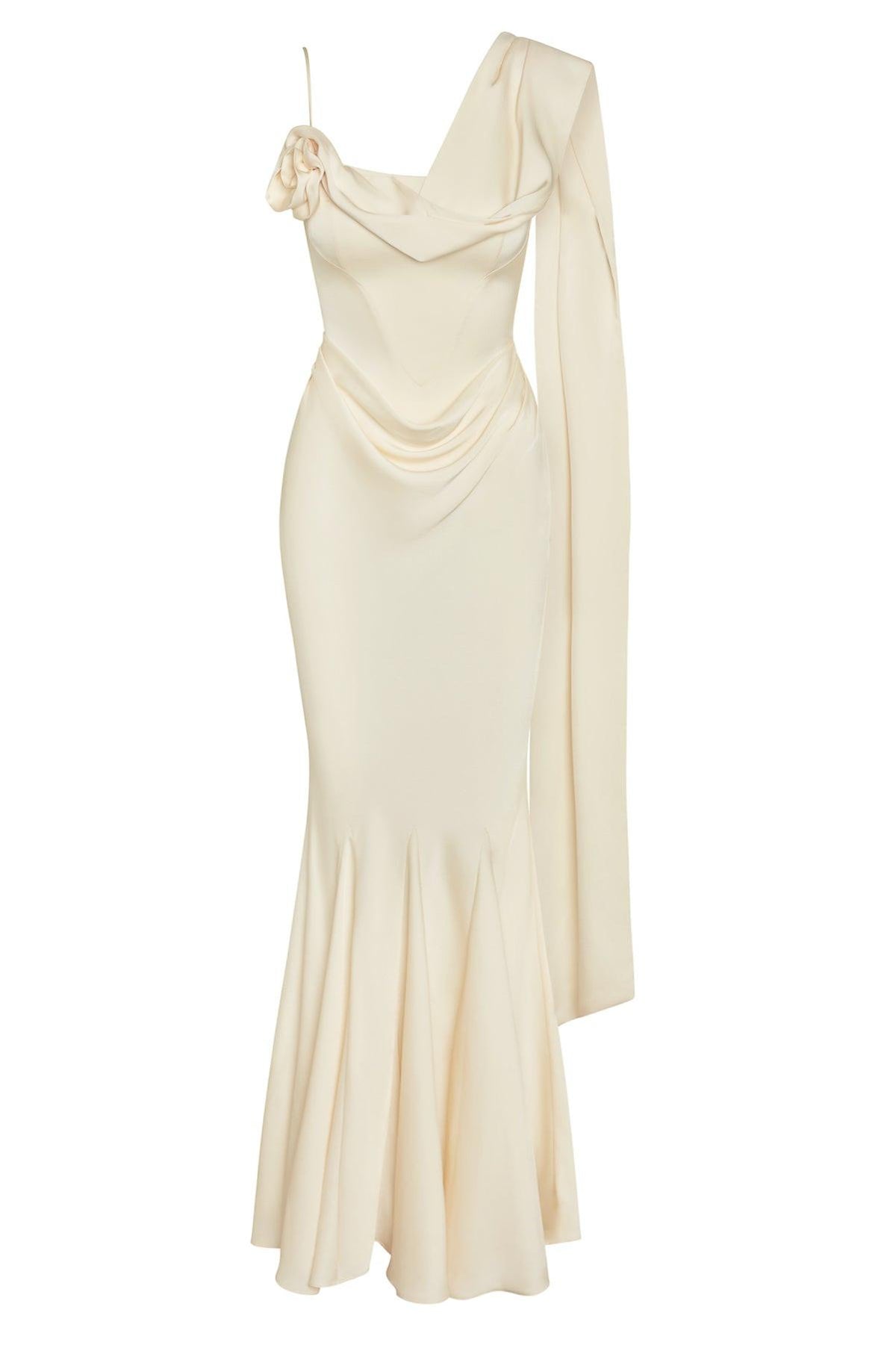 Celine Drapeli Saten Maxi Elbise