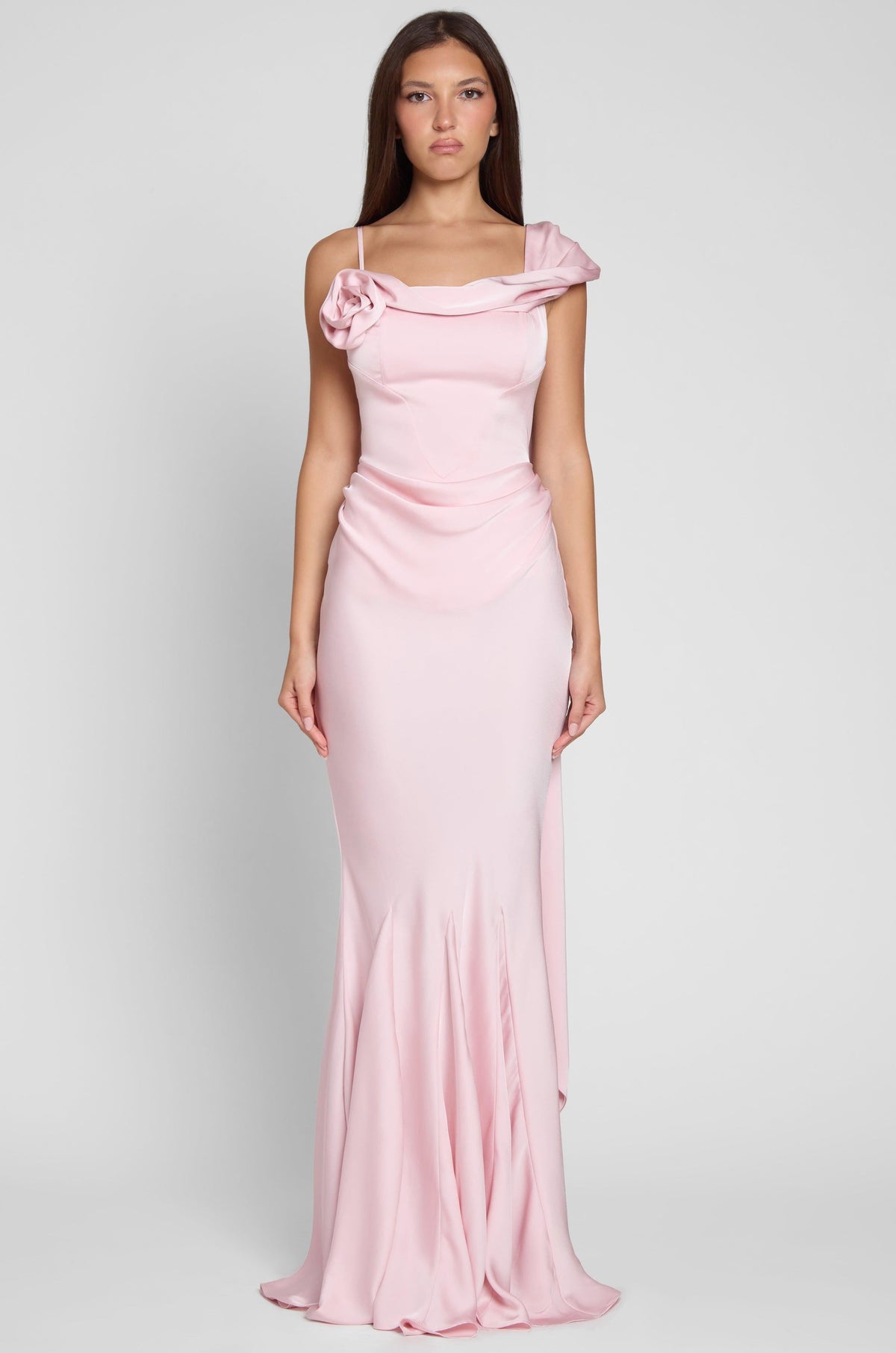 Celine Drapeli Saten Maxi Elbise - Pembe