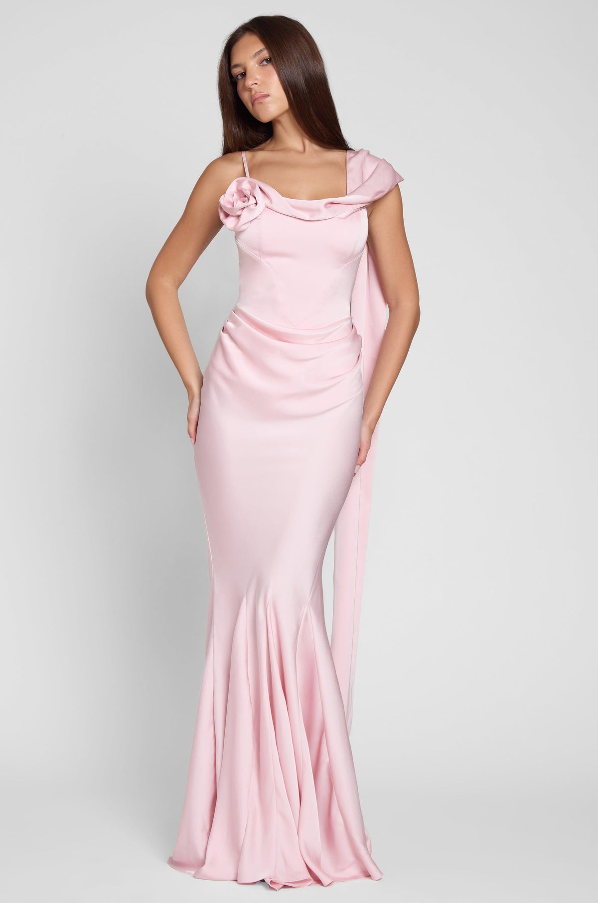 Celine Drapeli Saten Maxi Elbise - Pembe