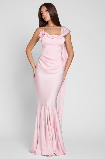 Celine Drapeli Saten Maxi Elbise - Pembe