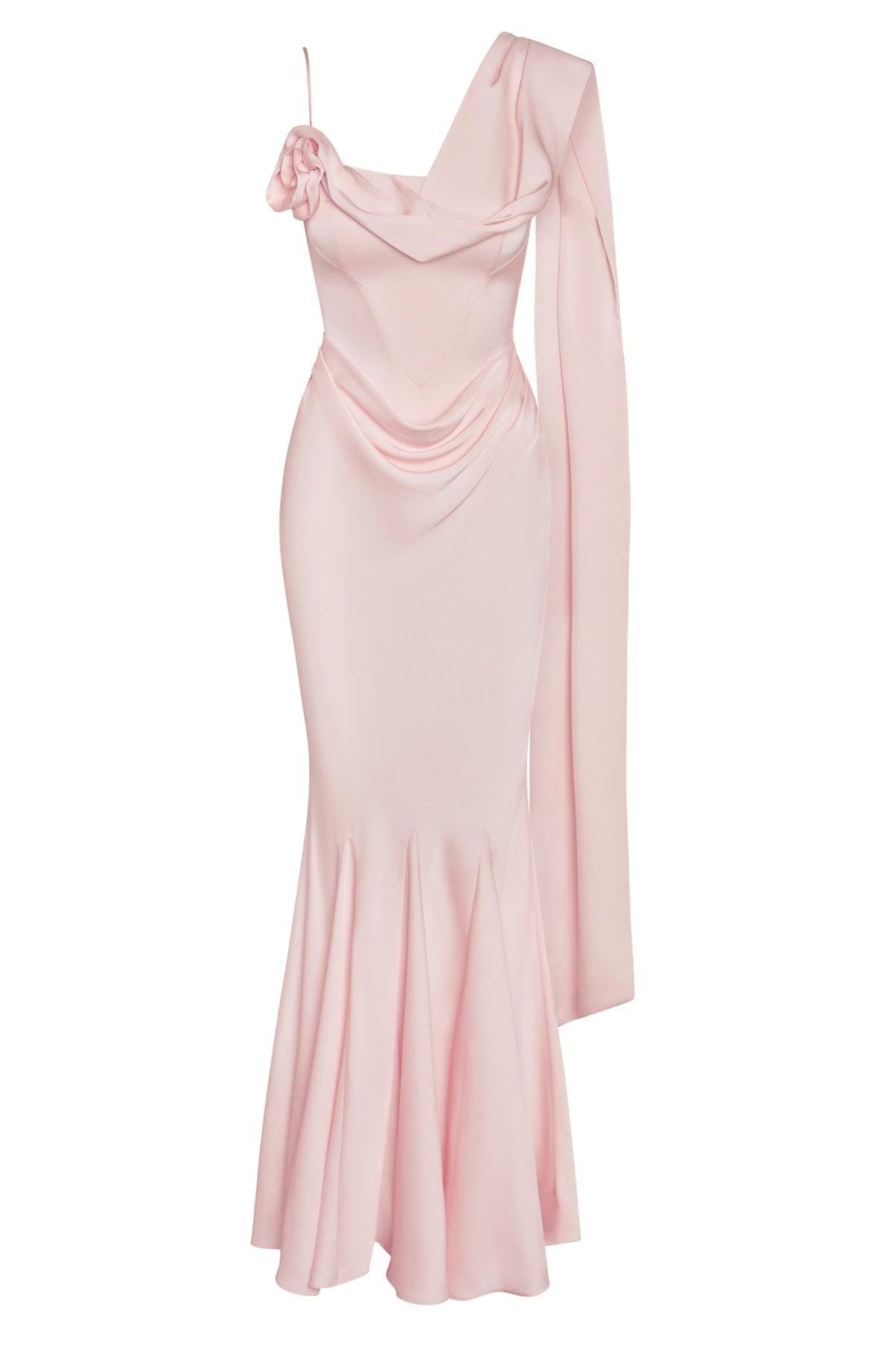 Celine Drapeli Saten Maxi Elbise - Pembe