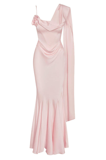 Celine Drapeli Saten Maxi Elbise - Pembe
