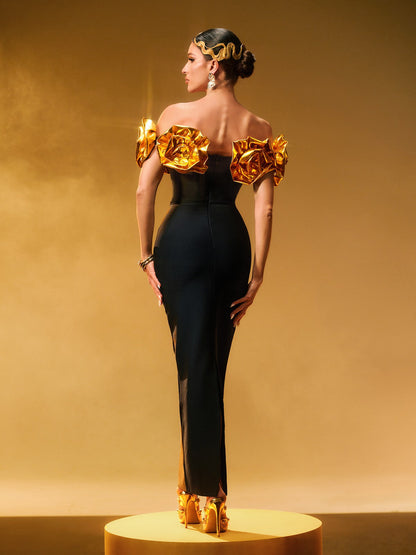 Girit Omuzsuz Çiçekli Maxi Elbise