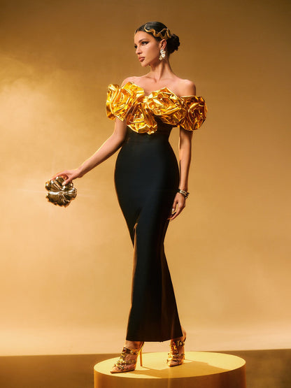 Girit Omuzsuz Çiçekli Maxi Elbise