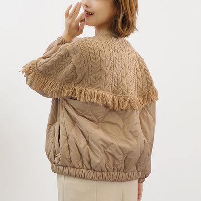 Kurtka dzianinowa Aran z frędzlami i zdobieniami – beżowa