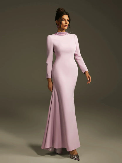 Leylak Kristal Gül Sırtı Açık Maxi Elbise