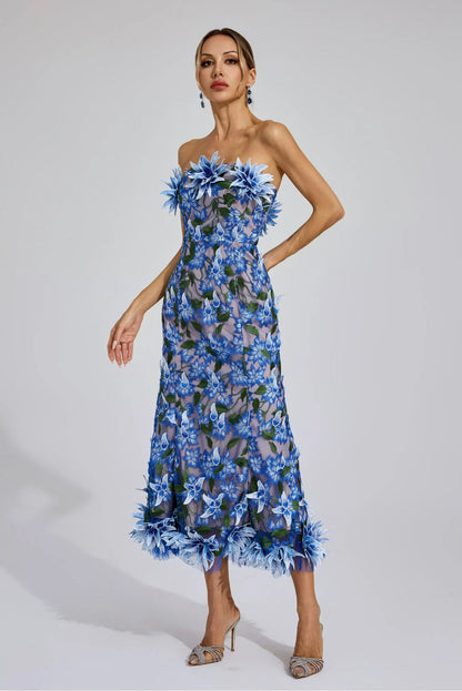 Rosalia 3D Çiçek  Dantel Midi Elbise