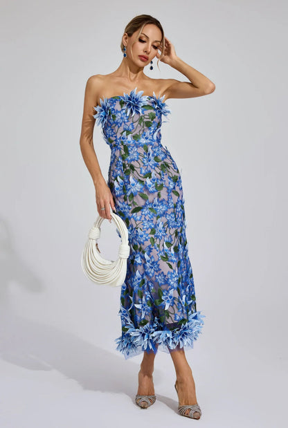 Rosalia 3D Çiçek  Dantel Midi Elbise