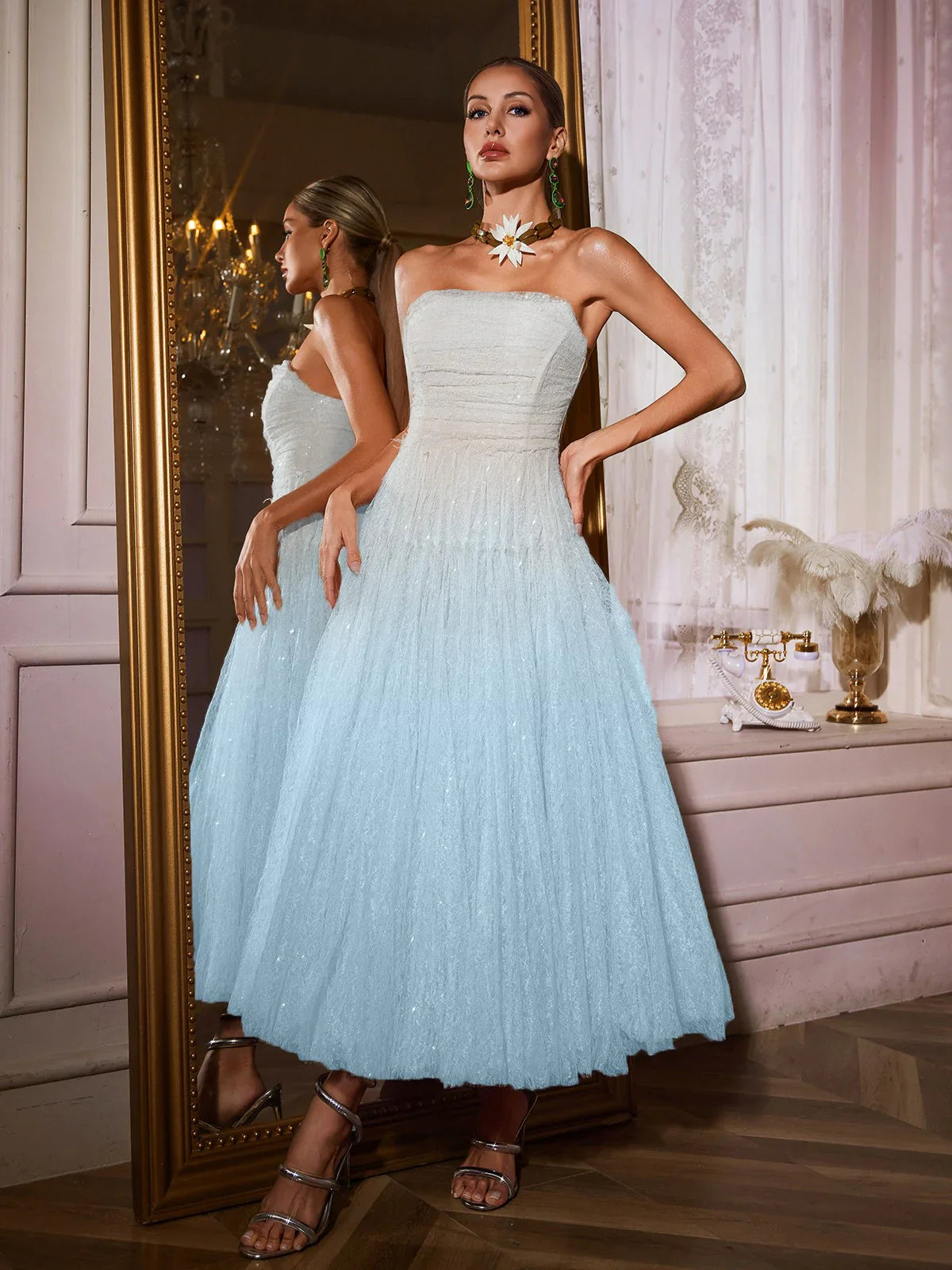 Parlak Gök Mavisi Maxi Tül Elbise