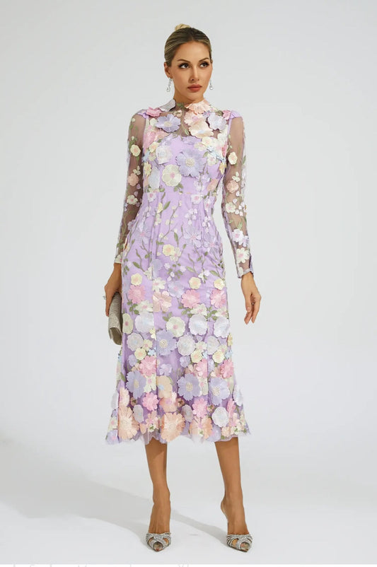 Mor Çiçek İşlemeli Midi Elbise